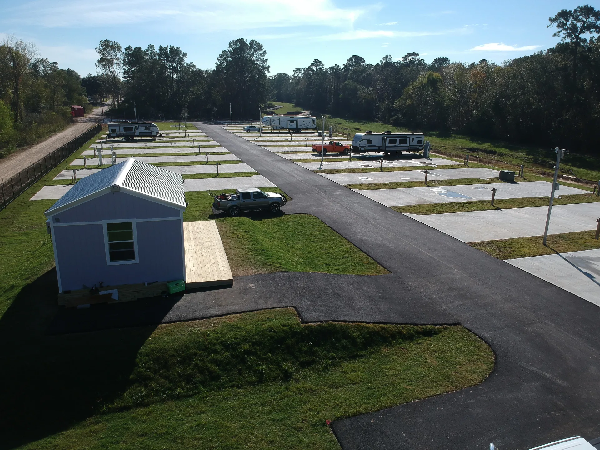 Aerial view of Gleneagles RV Resort sites and office