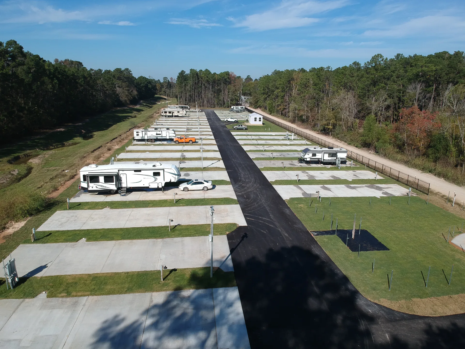 Aerial view down the main drive at Gleneagles RV Resort