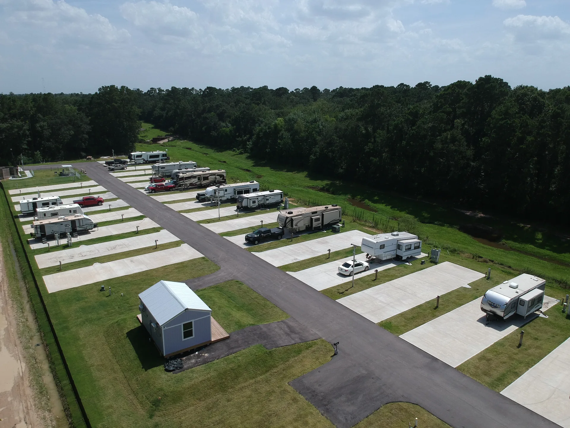 Aerial view of Gleneagles RV Resort with surrounding tree line