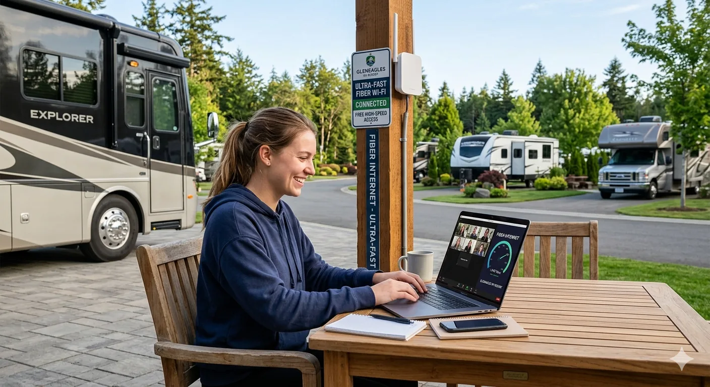 Guest working outdoors on ultra-fast fiber Wi-Fi